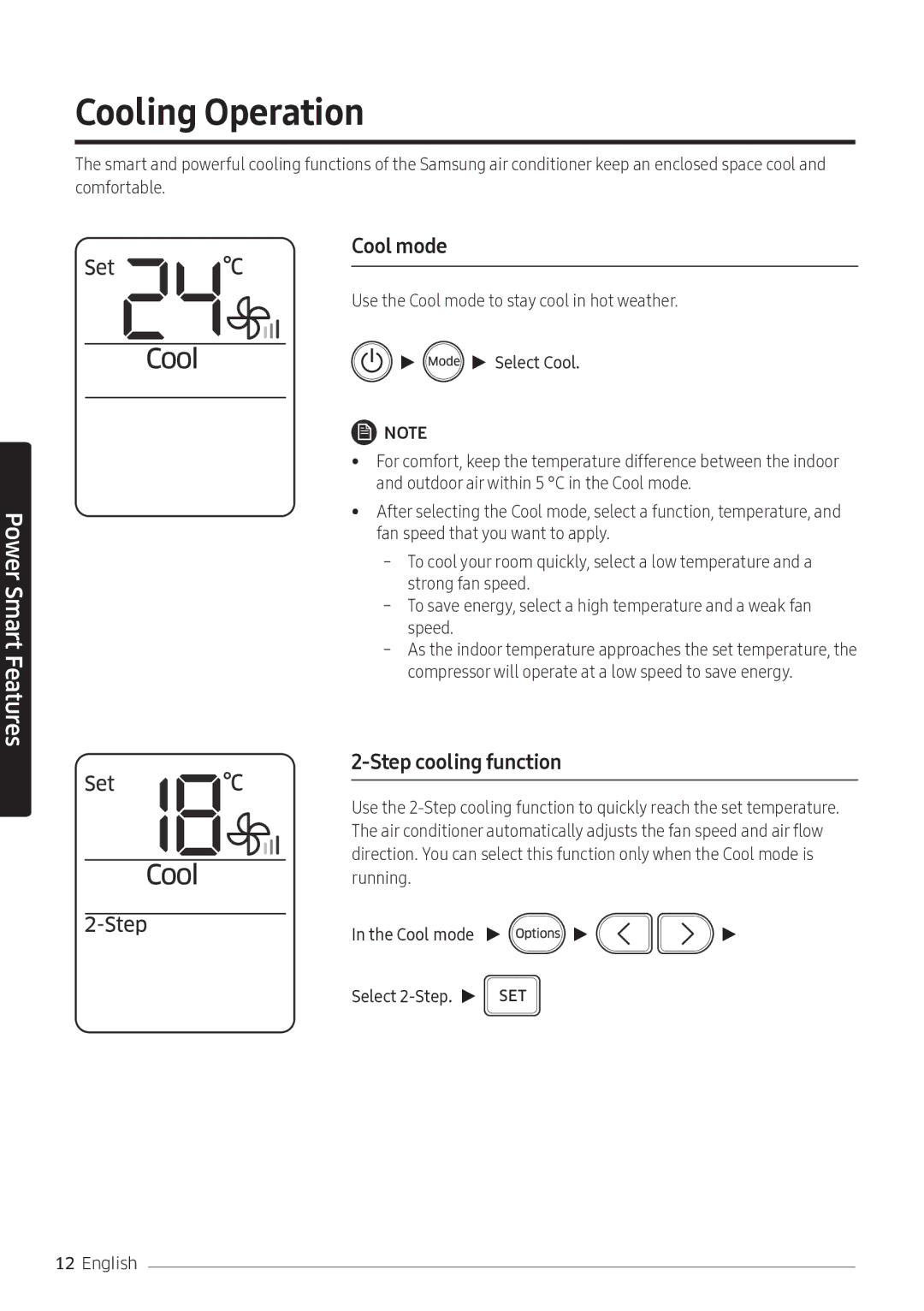 Samsung AR10NVFSCURNSV manual Cooling Operation, Cool mode, Step cooling function 