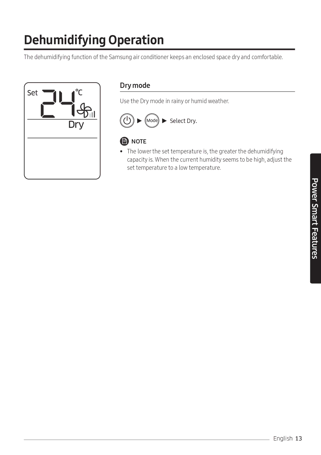 Samsung AR10NVFSCURNSV manual Dehumidifying Operation, Dry mode 