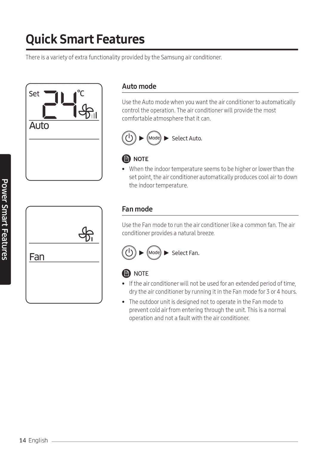 Samsung AR10NVFSCURNSV manual Quick Smart Features, Auto mode, Fan mode 