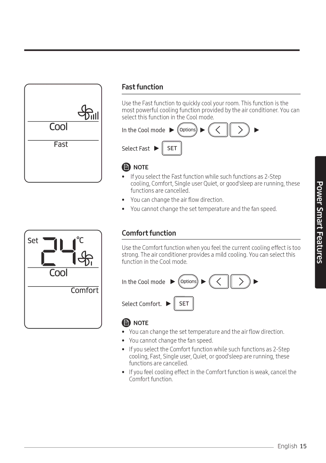 Samsung AR10NVFSCURNSV manual Fast function, Comfort function 