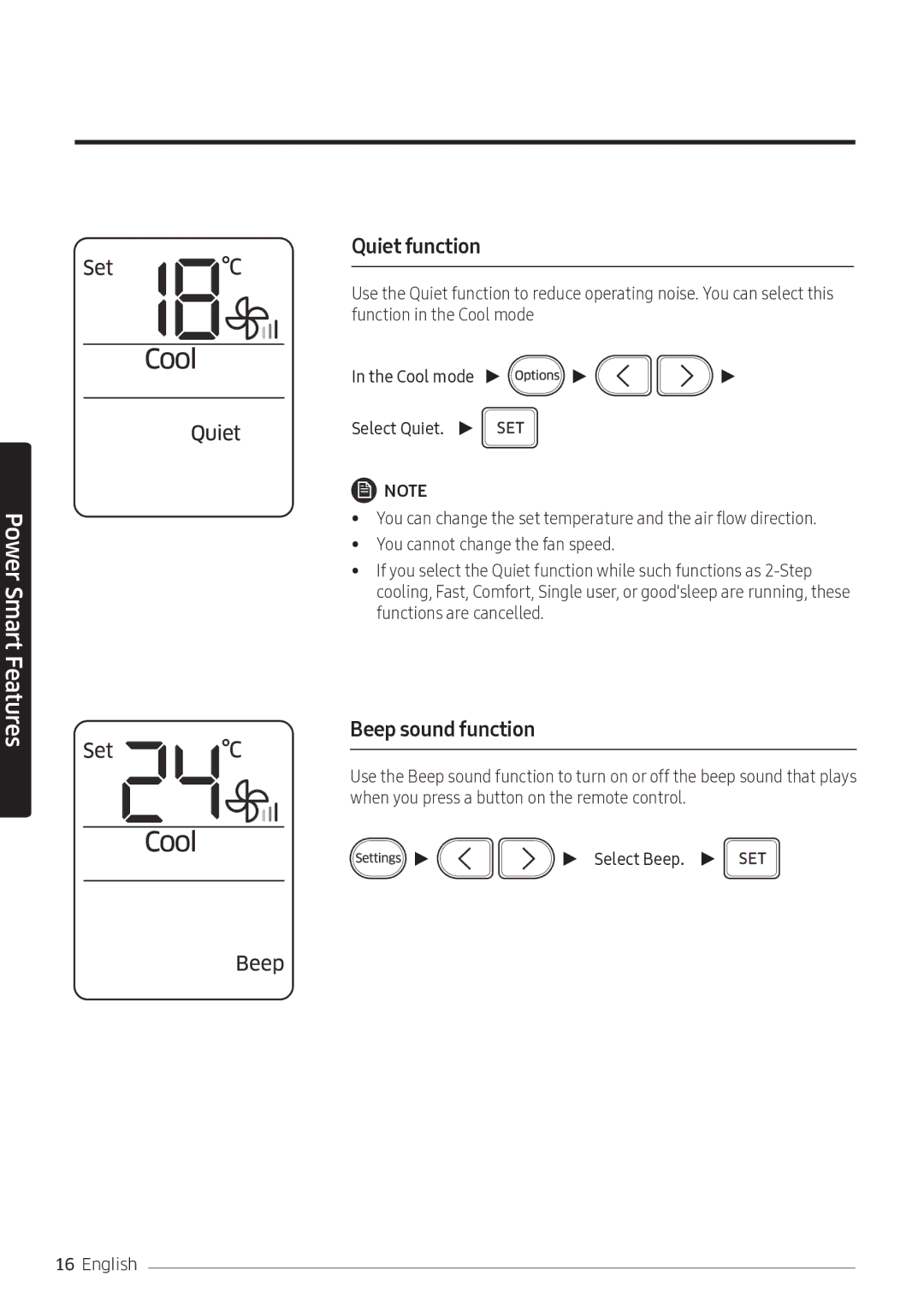 Samsung AR10NVFSCURNSV manual Quiet function, Beep sound function 