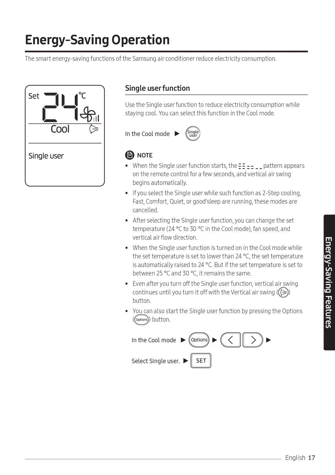 Samsung AR10NVFSCURNSV manual Energy-Saving Operation, Cool mode When the Single user function starts 