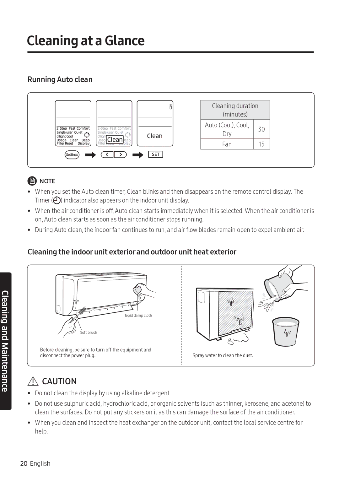 Samsung AR10NVFSCURNSV manual Cleaning at a Glance, Running Auto clean, Cleaning duration Minutes 