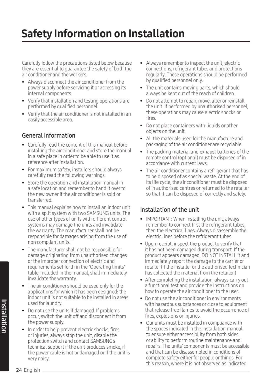 Samsung AR10NVFSCURNSV manual General information, Installation of the unit 