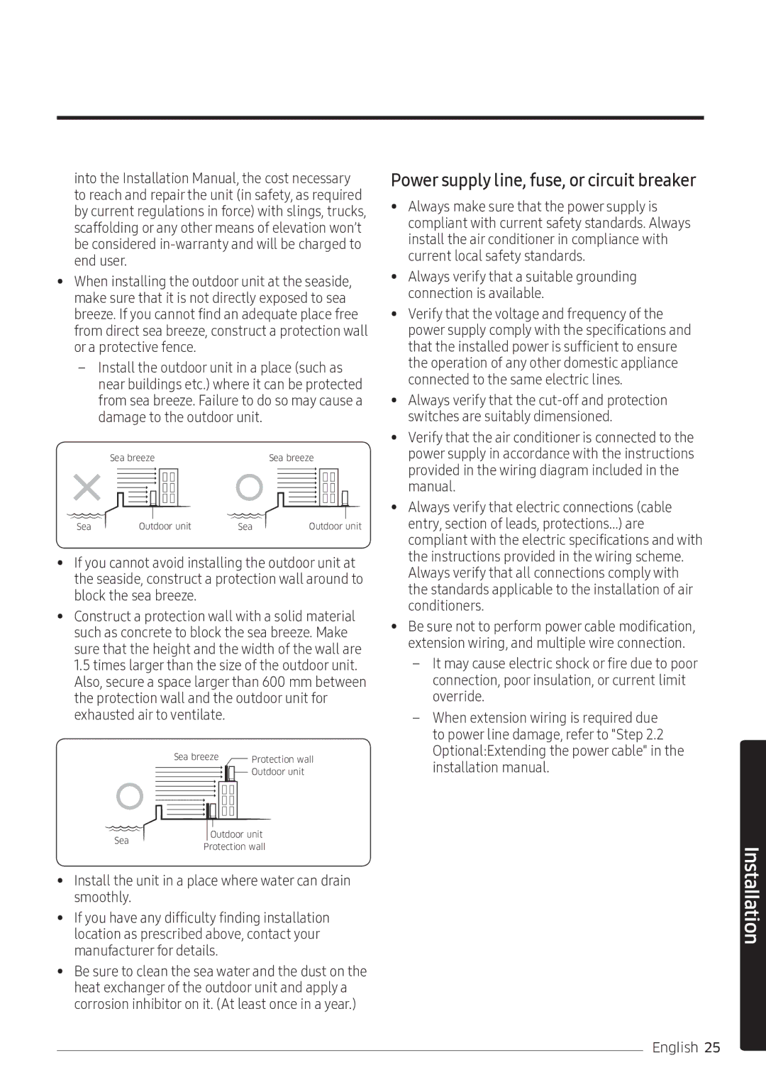 Samsung AR10NVFSCURNSV manual Power supply line, fuse, or circuit breaker 