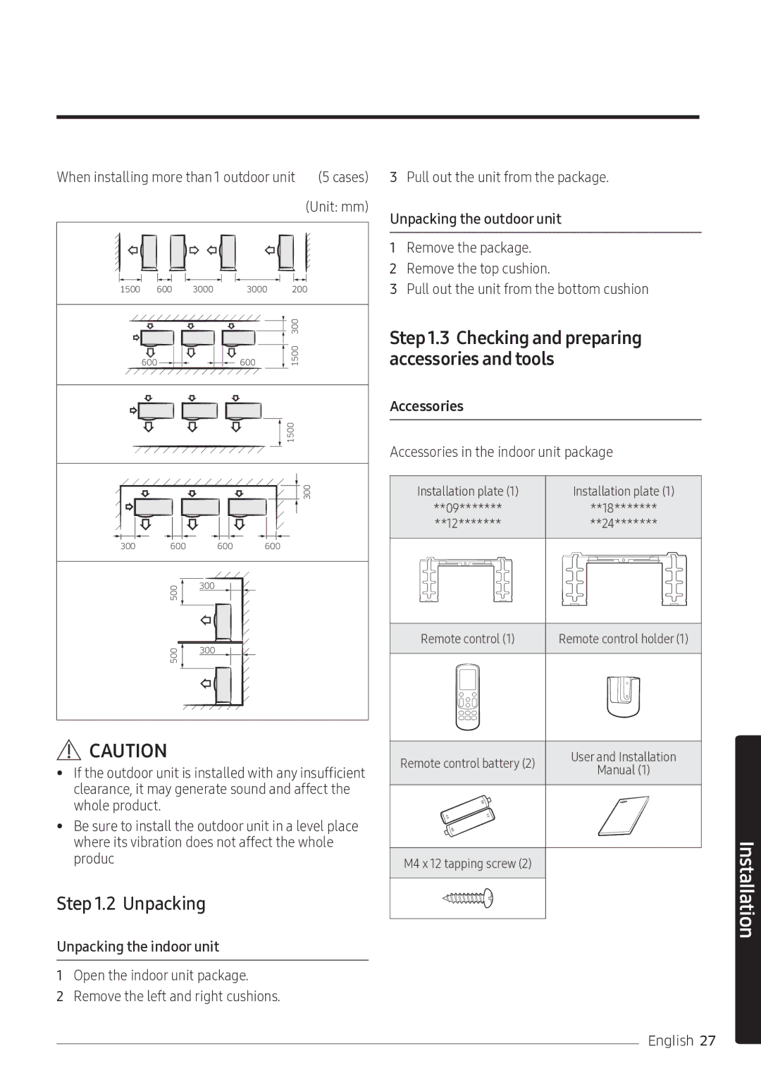 Samsung AR10NVFSCURNSV manual Checking and preparing accessories and tools, Unpacking the indoor unit, Accessories 