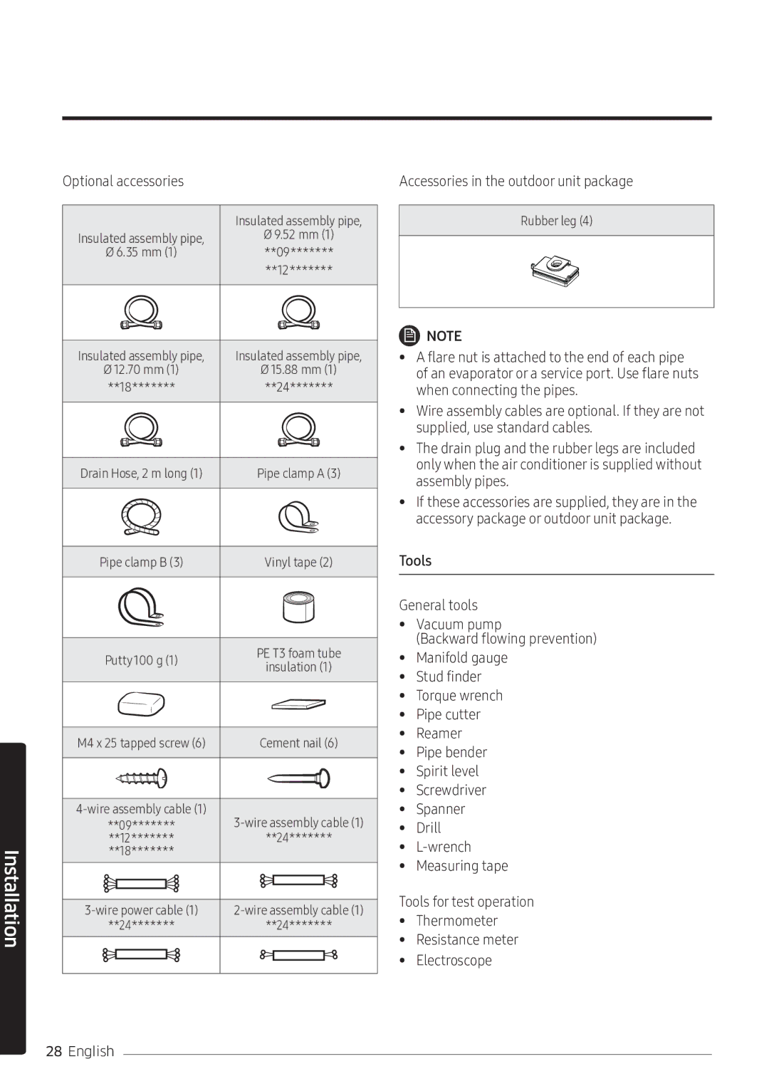 Samsung AR10NVFSCURNSV manual Optional accessories, Accessories in the outdoor unit package, Tools 