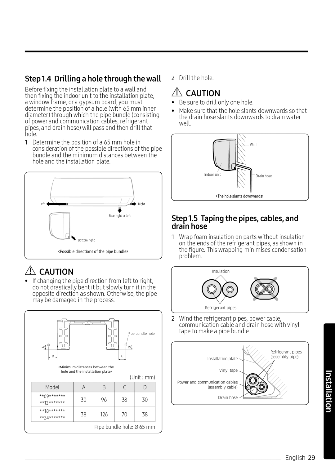 Samsung AR10NVFSCURNSV manual Taping the pipes, cables, and drain hose, Drilling a hole through the wall 