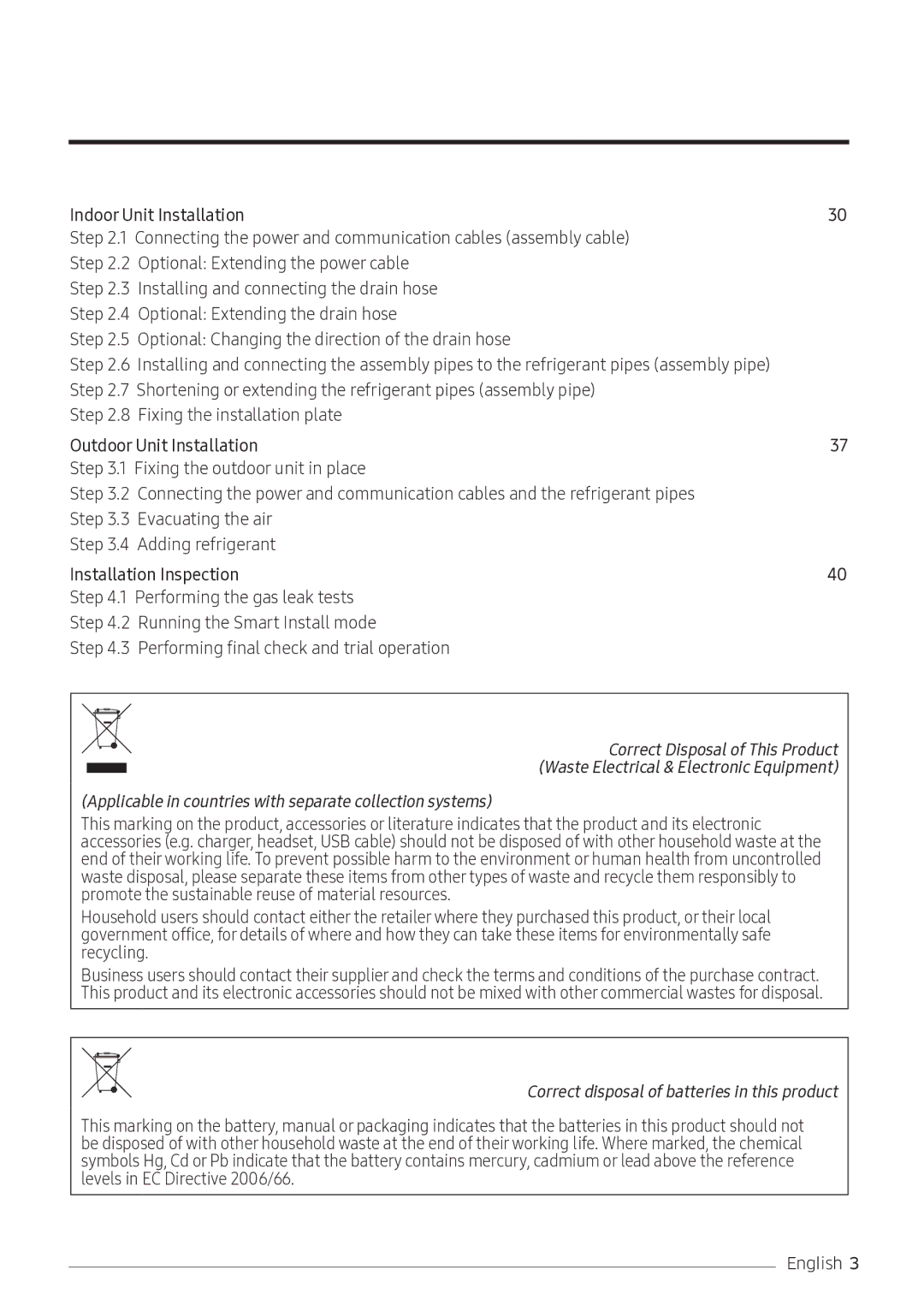 Samsung AR10NVFSCURNSV manual Correct disposal of batteries in this product 