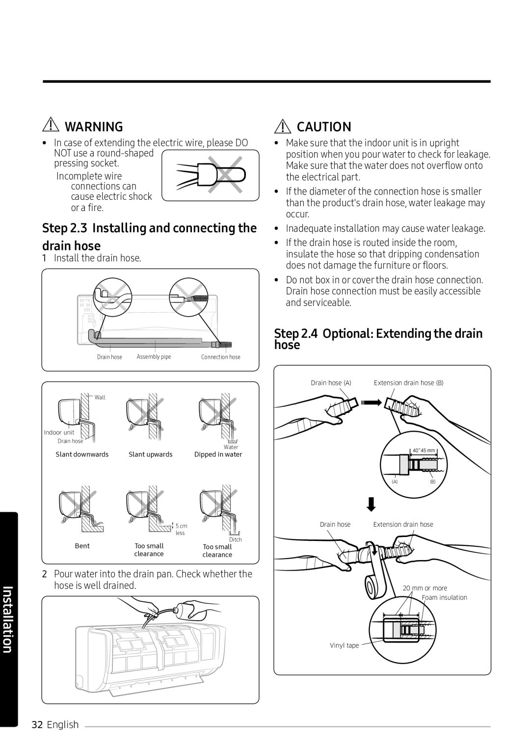 Samsung AR10NVFSCURNSV Installing and connecting the drain hose, Optional Extending the drain hose, Install the drain hose 