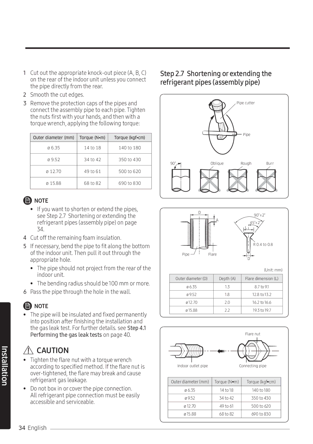 Samsung AR10NVFSCURNSV manual Shortening or extending the refrigerant pipes assembly pipe 