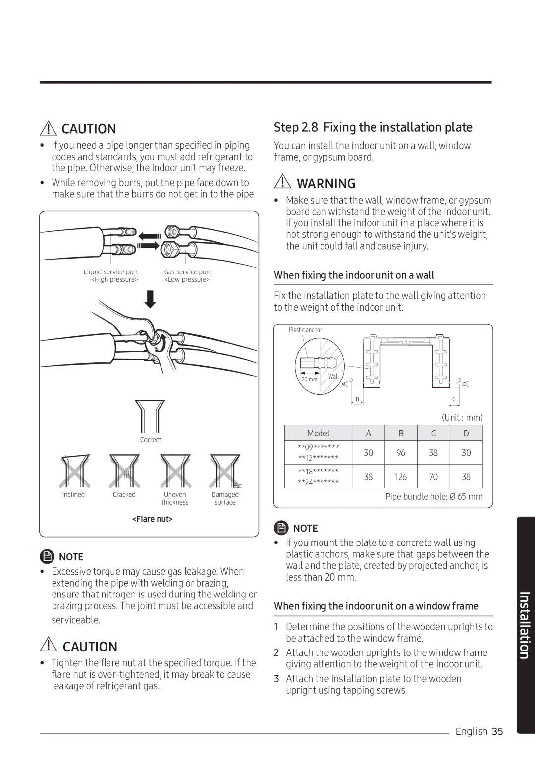 Samsung AR10NVFSCURNSV manual Fixing the installation plate, When fixing the indoor unit on a wall 