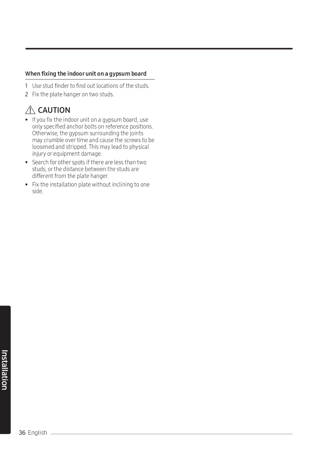 Samsung AR10NVFSCURNSV manual When fixing the indoor unit on a gypsum board 