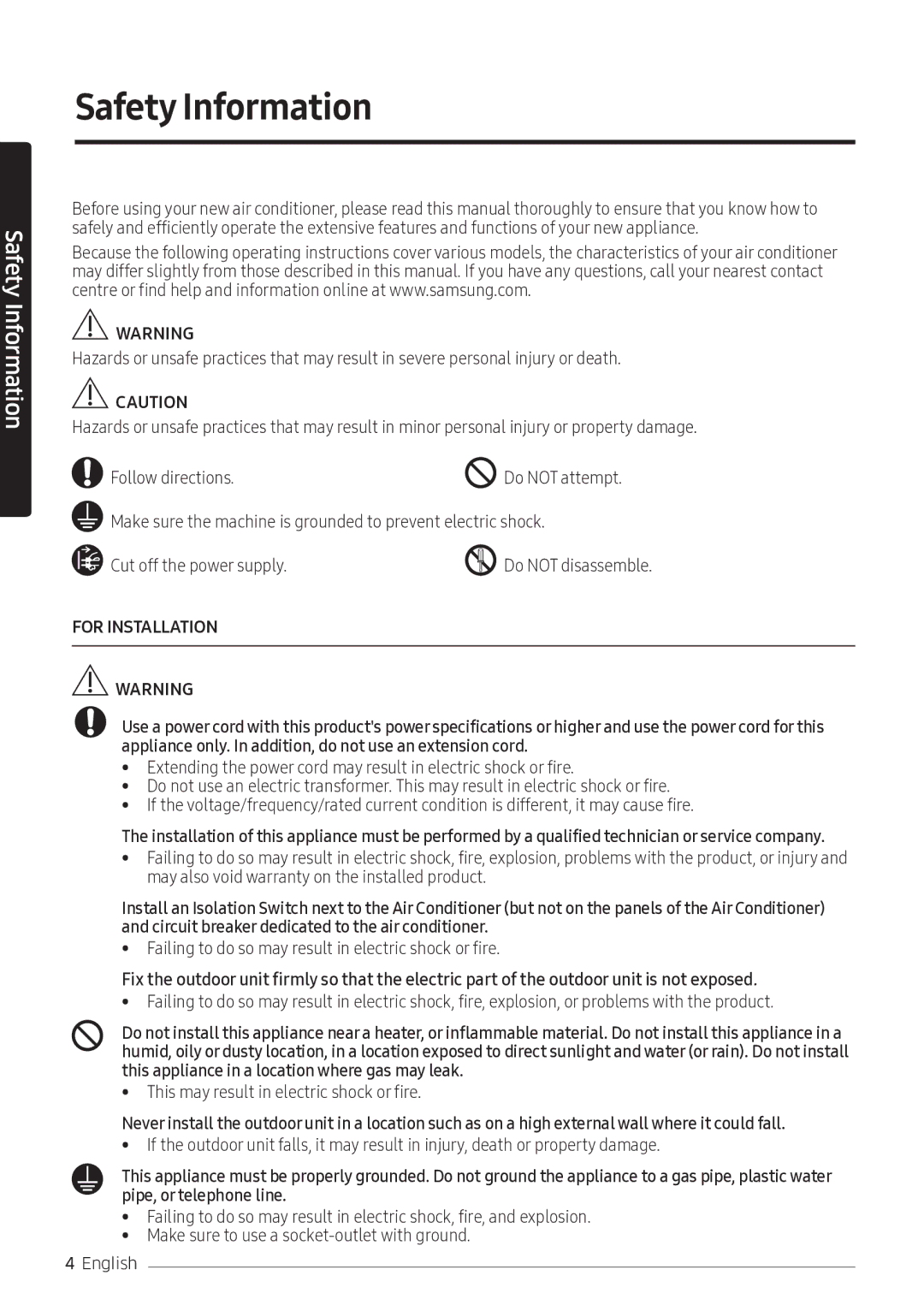 Samsung AR10NVFSCURNSV manual Safety Information, Failing to do so may result in electric shock or fire 