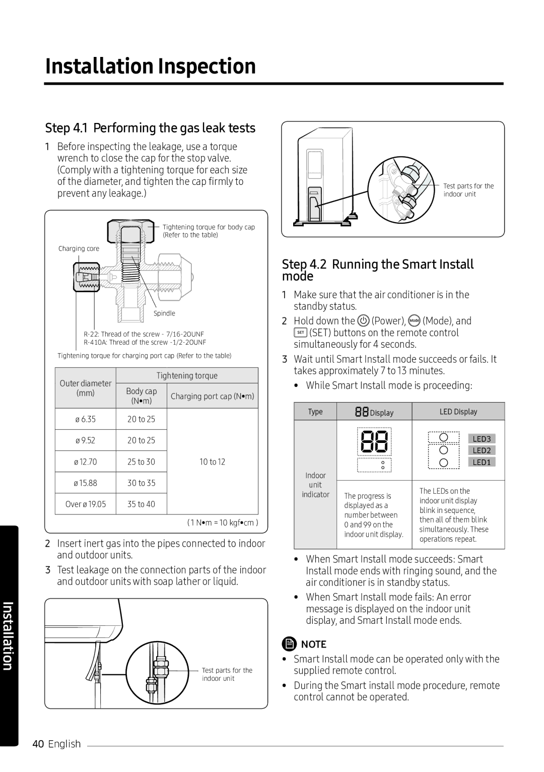 Samsung AR10NVFSCURNSV manual Installation Inspection, Performing the gas leak tests, Running the Smart Install mode 