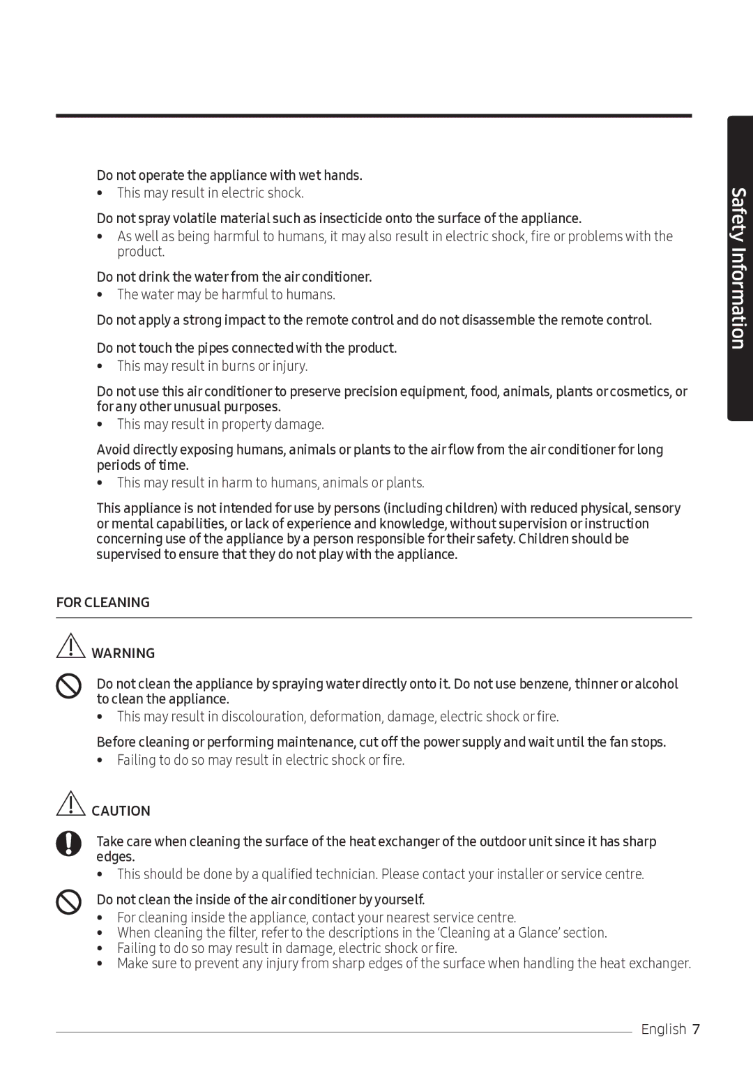 Samsung AR10NVFSCURNSV manual Do not operate the appliance with wet hands, Do not drink the water from the air conditioner 