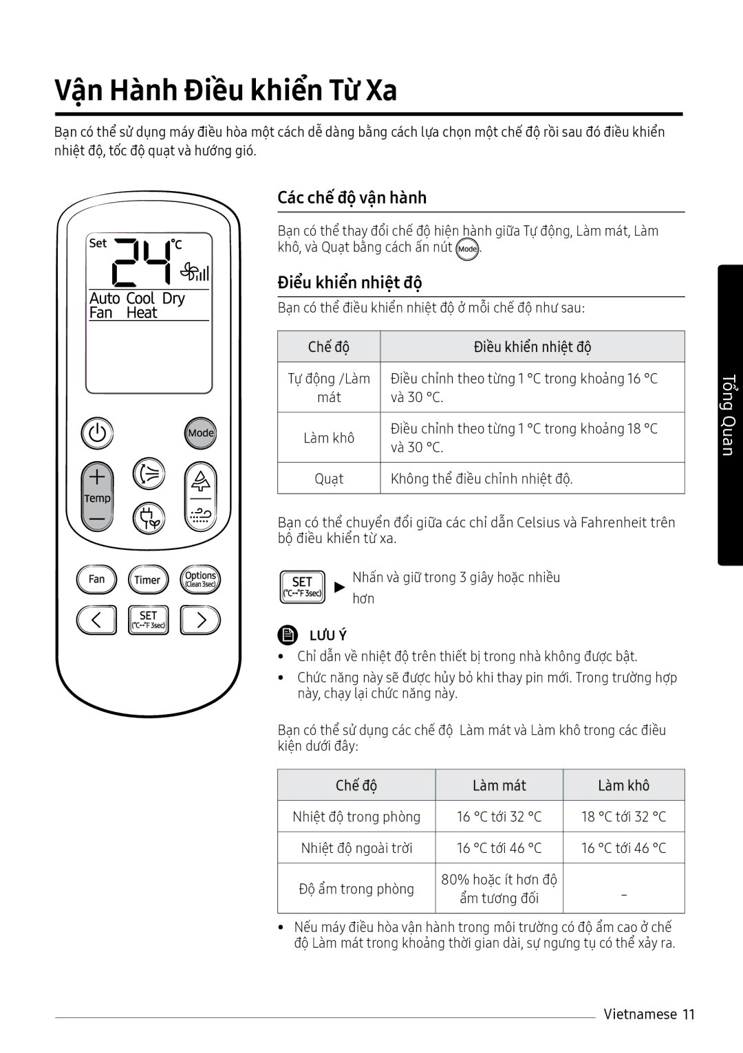 Samsung AR24NVFXAWKNSV, AR10NVFXAWKNSV manual Vận Hành Điều khiển Từ Xa, Các chế độ vận hành, Điểu khiển nhiệt độ, Lưu Ý 