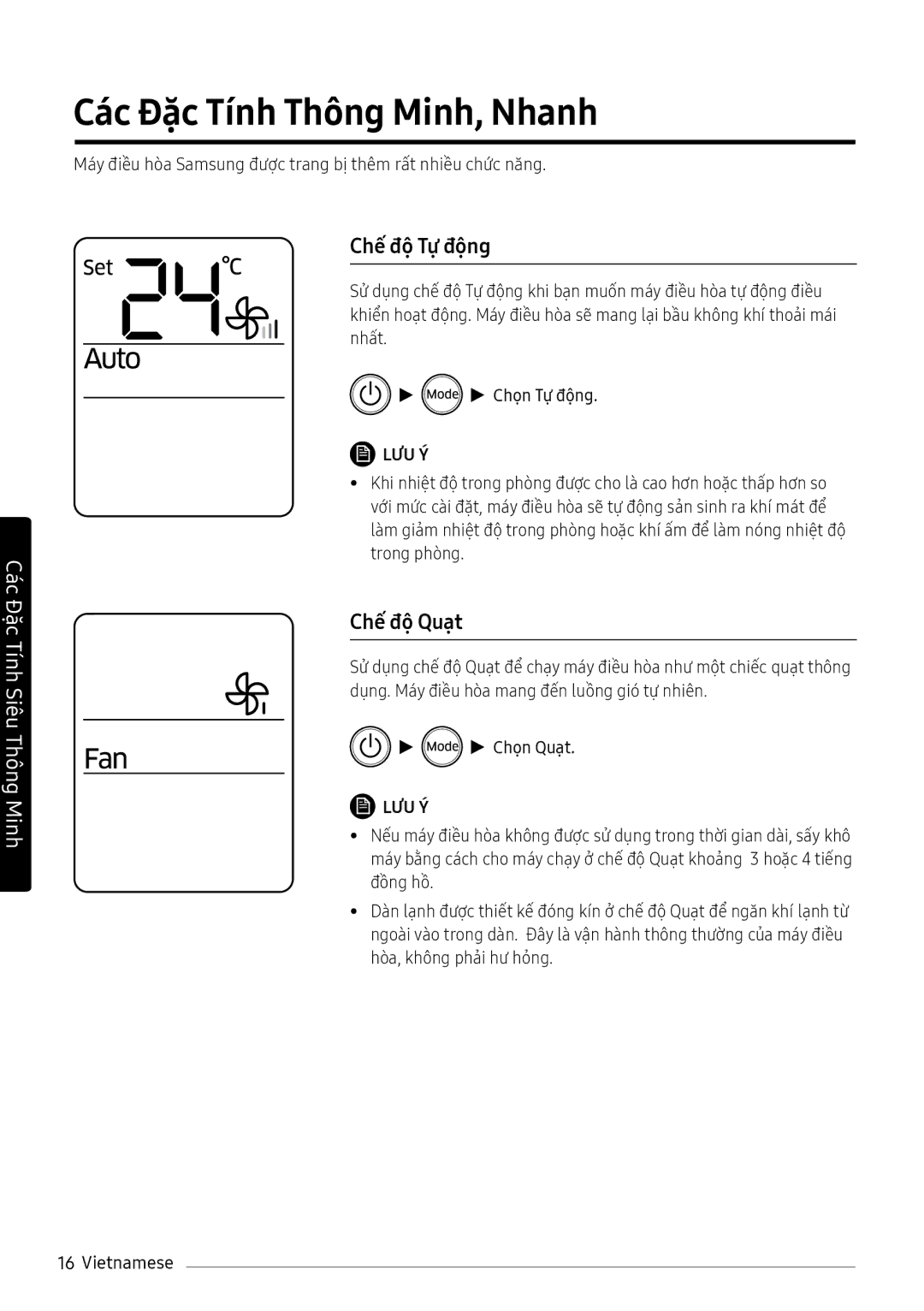 Samsung AR10NVFXAWKNSV, AR13NVFXAWKNSV, AR10NVFXAWKXSV manual Các Đặc Tính Thông Minh, Nhanh, Chế độ Tự động, Chế độ Quạt 