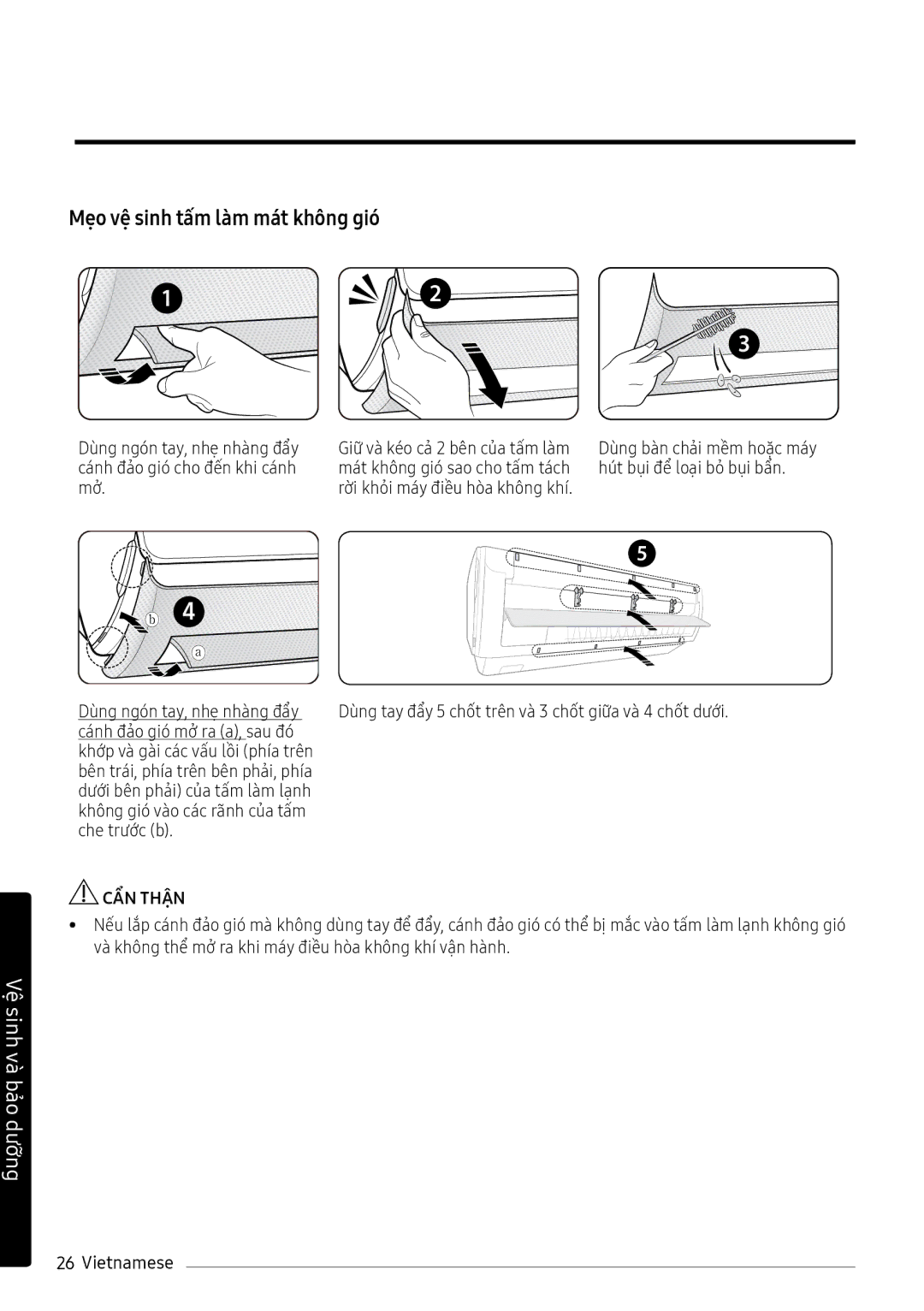 Samsung AR10NVFXAWKXSV, AR10NVFXAWKNSV, AR13NVFXAWKNSV manual Mẹo vệ sinh tấm làm mát không gió, Cánh đảo gió mở ra a, sau đó 