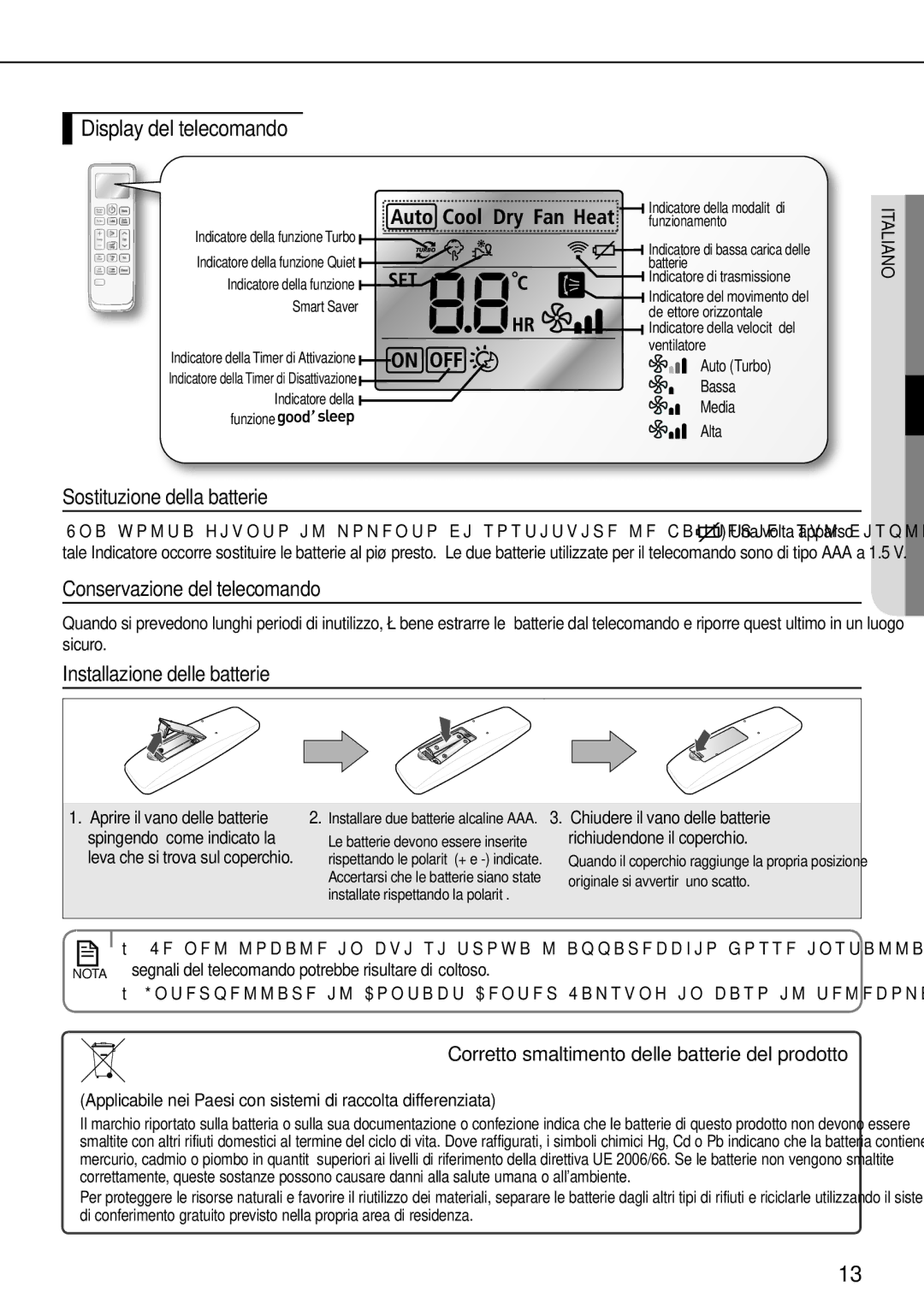 Samsung AR09FSFPDGMNET, AR12FSFPDGMNET Display del telecomando, Sostituzione della batterie, Conservazione del telecomando 