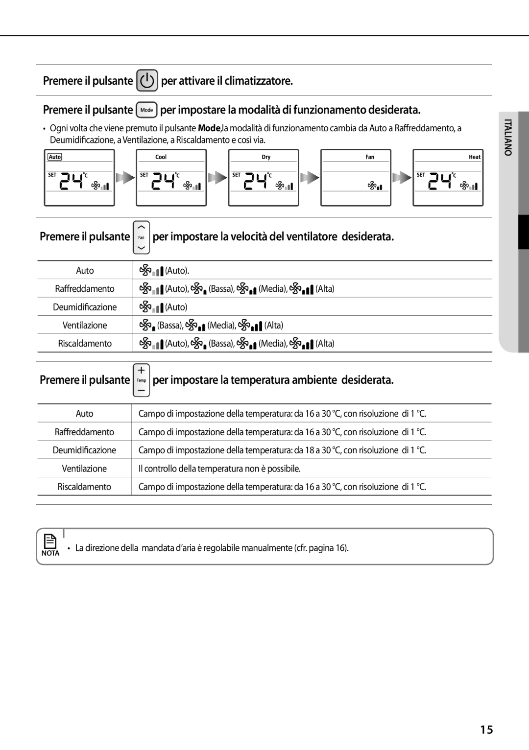 Samsung AR07FSFPESNNEU, AR12FSFPDGMNET manual Premere il pulsante per attivare il climatizzatore, Auto, Alta, Bassa 