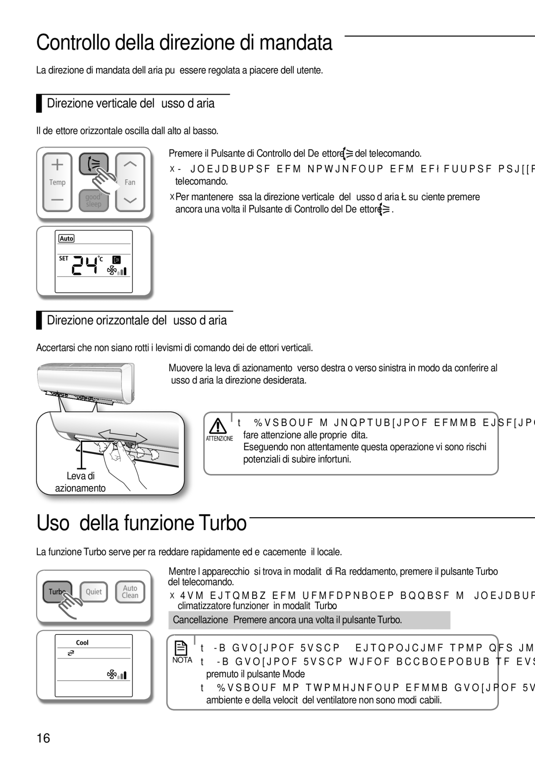 Samsung AR12FSFPDGMNET, AR09FSFPDGMNET, AR07FSFPDGMNEU manual Controllo della direzione di mandata, Uso della funzione Turbo 