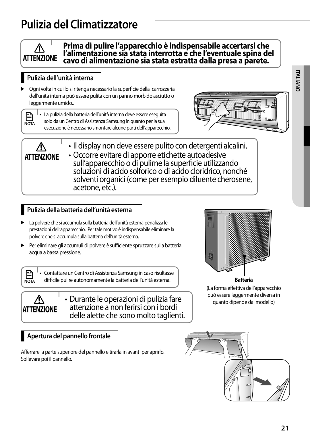 Samsung AR09FSFPDGMNET Pulizia del Climatizzatore, Pulizia dell’unità interna, Pulizia della batteria dell’unità esterna 