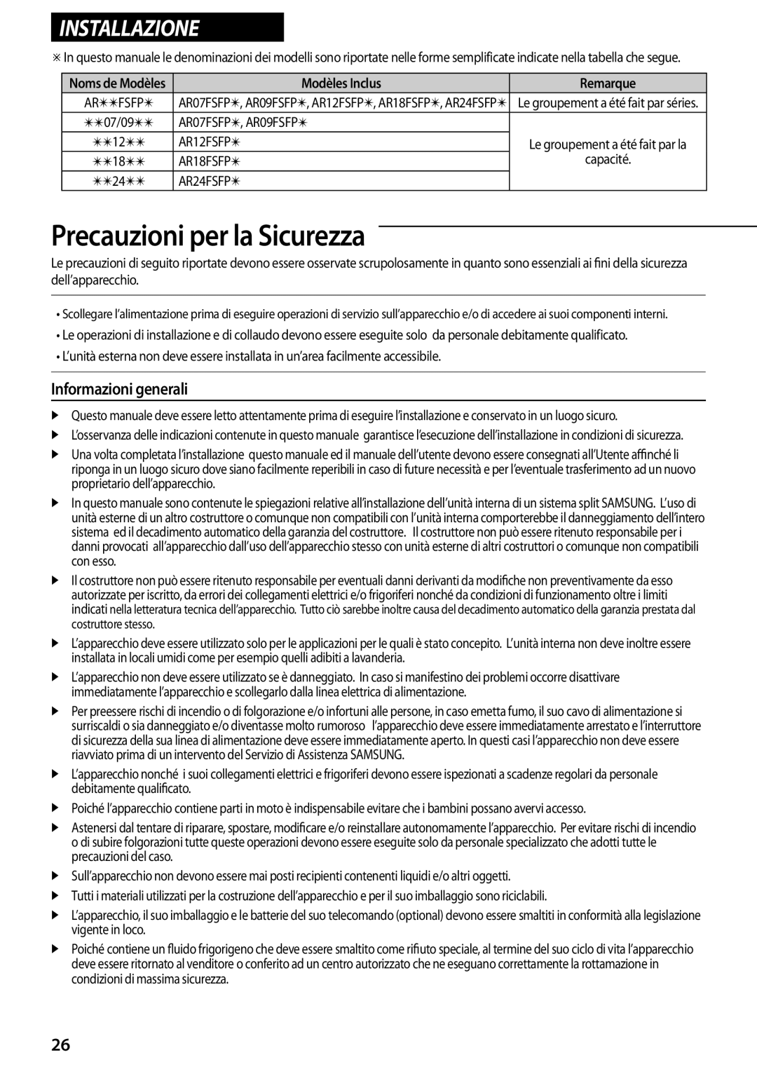 Samsung AR07FSFPDGMNEU, AR12FSFPDGMNET, AR09FSFPDGMNET manual Informazioni generali, Modèles Inclus Remarque, Capacité 