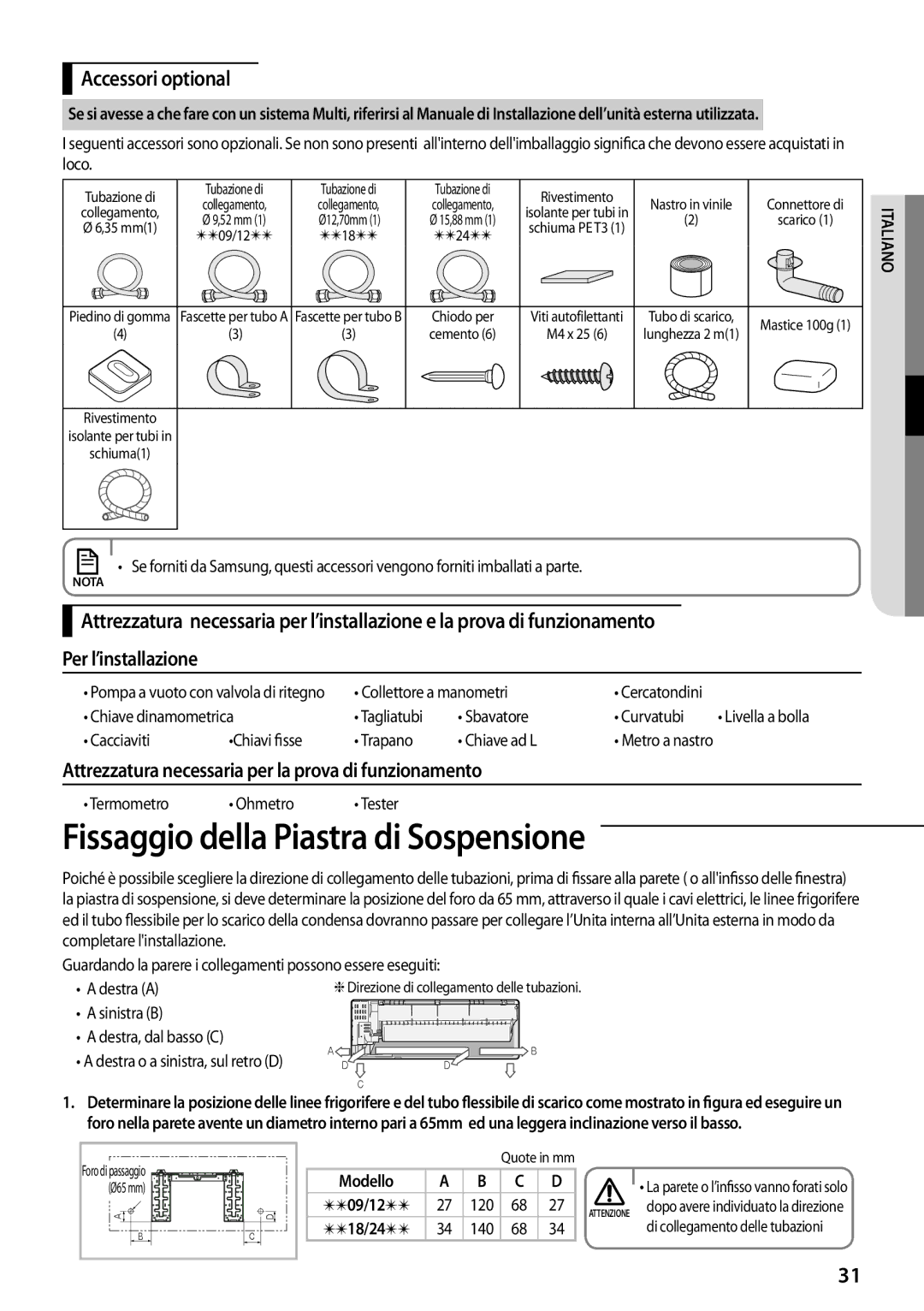 Samsung AR07FSFPESNNEU, AR12FSFPDGMNET Fissaggio della Piastra di Sospensione, Accessori optional, Collettore a manometri 