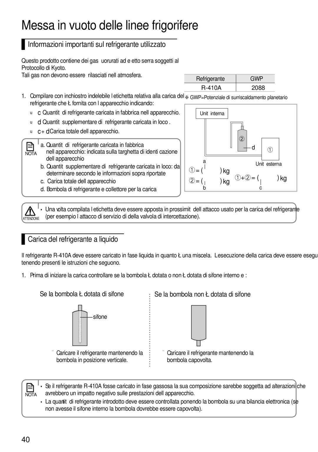 Samsung AR12FSFPDGMNET, AR09FSFPDGMNET, AR07FSFPDGMNEU manual Carica del refrigerante a liquido, Refrigerante, 2088, Kg + = 