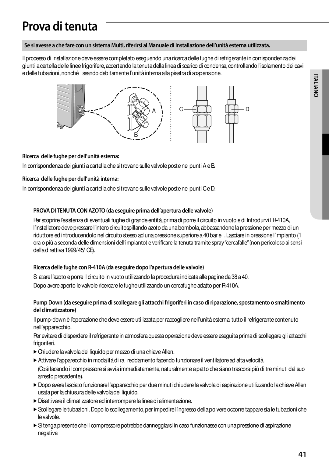 Samsung AR09FSFPDGMNET, AR12FSFPDGMNET, AR07FSFPDGMNEU manual Prova di tenuta, Ricerca delle fughe per dell’unità esterna 