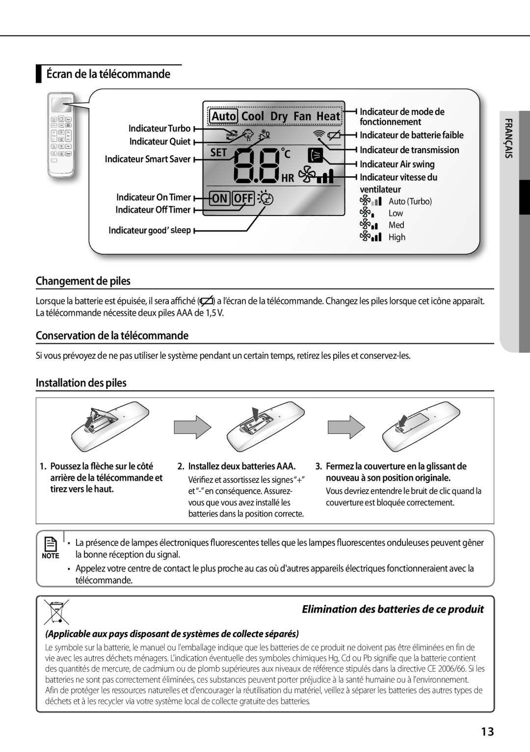 Samsung AR09FSFPDGMNET, AR12FSFPDGMNET manual Écran de la télécommande, Changement de piles, Conservation de la télécommande 