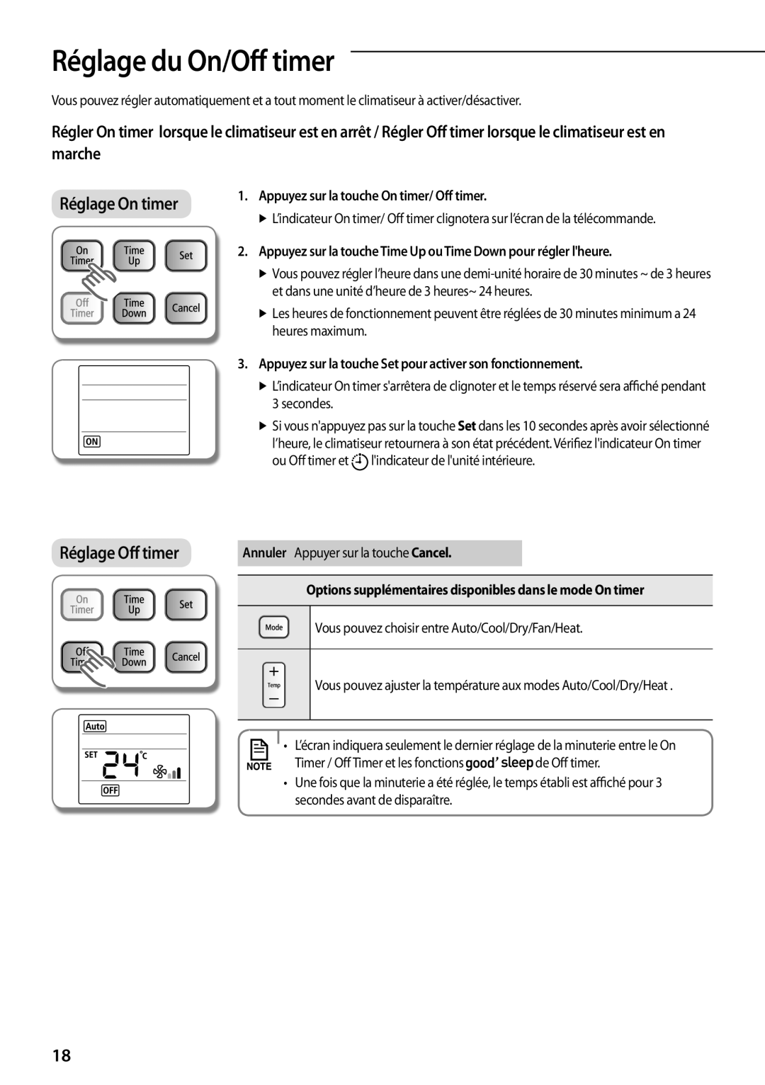 Samsung AR09FSFPDGMNET, AR12FSFPDGMNET, AR12FSFPKGMNET Réglage du On/Off timer, Appuyez sur la touche On timer/ Off timer 