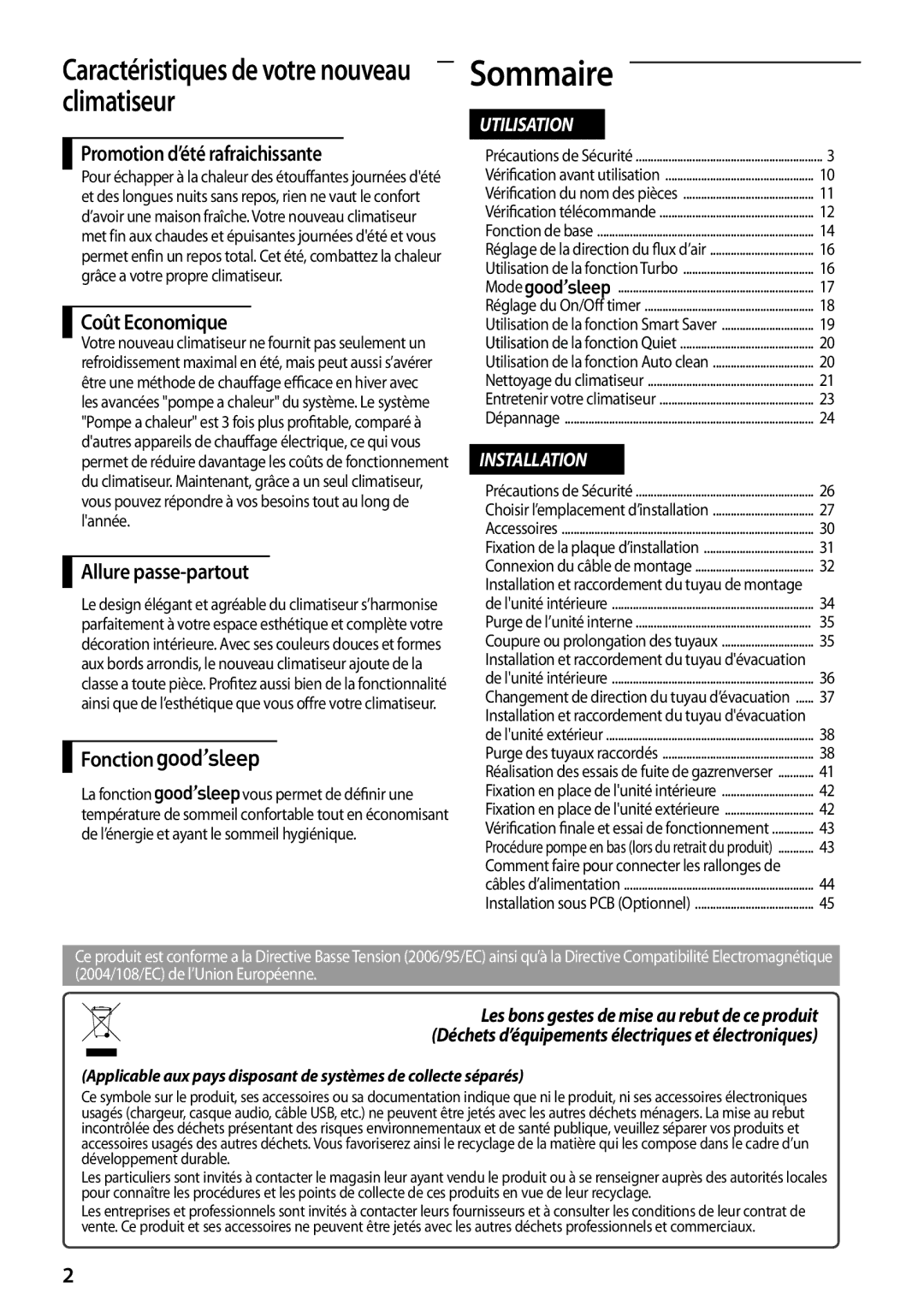 Samsung AR09FSFPKGMNET manual Sommaire, Promotion d’été rafraichissante, Coût Economique, Allure passe-partout, Fonction 