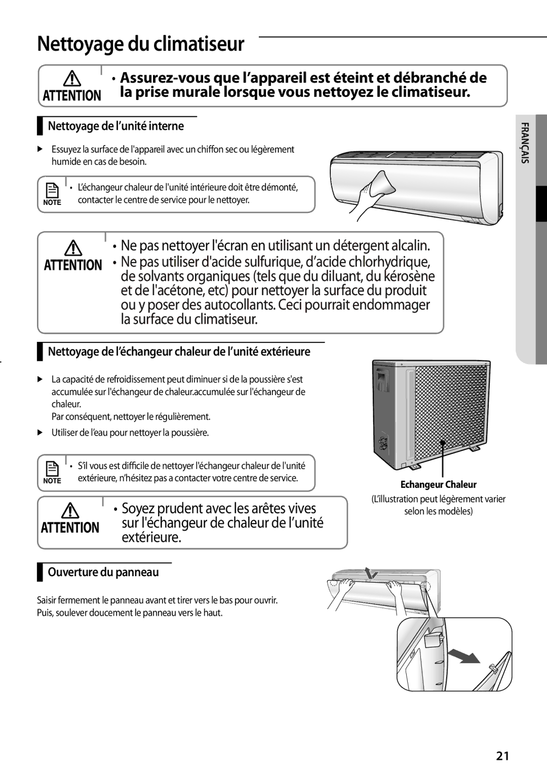 Samsung AR12FSFPKGMNET manual Nettoyage du climatiseur, Extérieure, Nettoyage de l’unité interne, Ouverture du panneau 