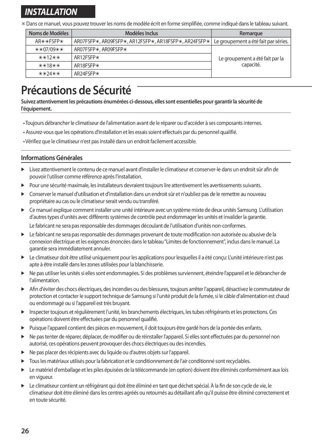 Samsung AR12FSFPKGMNET, AR12FSFPDGMNET, AR09FSFPKGMNET manual Informations Générales, Modèles Inclus Remarque, Capacité 