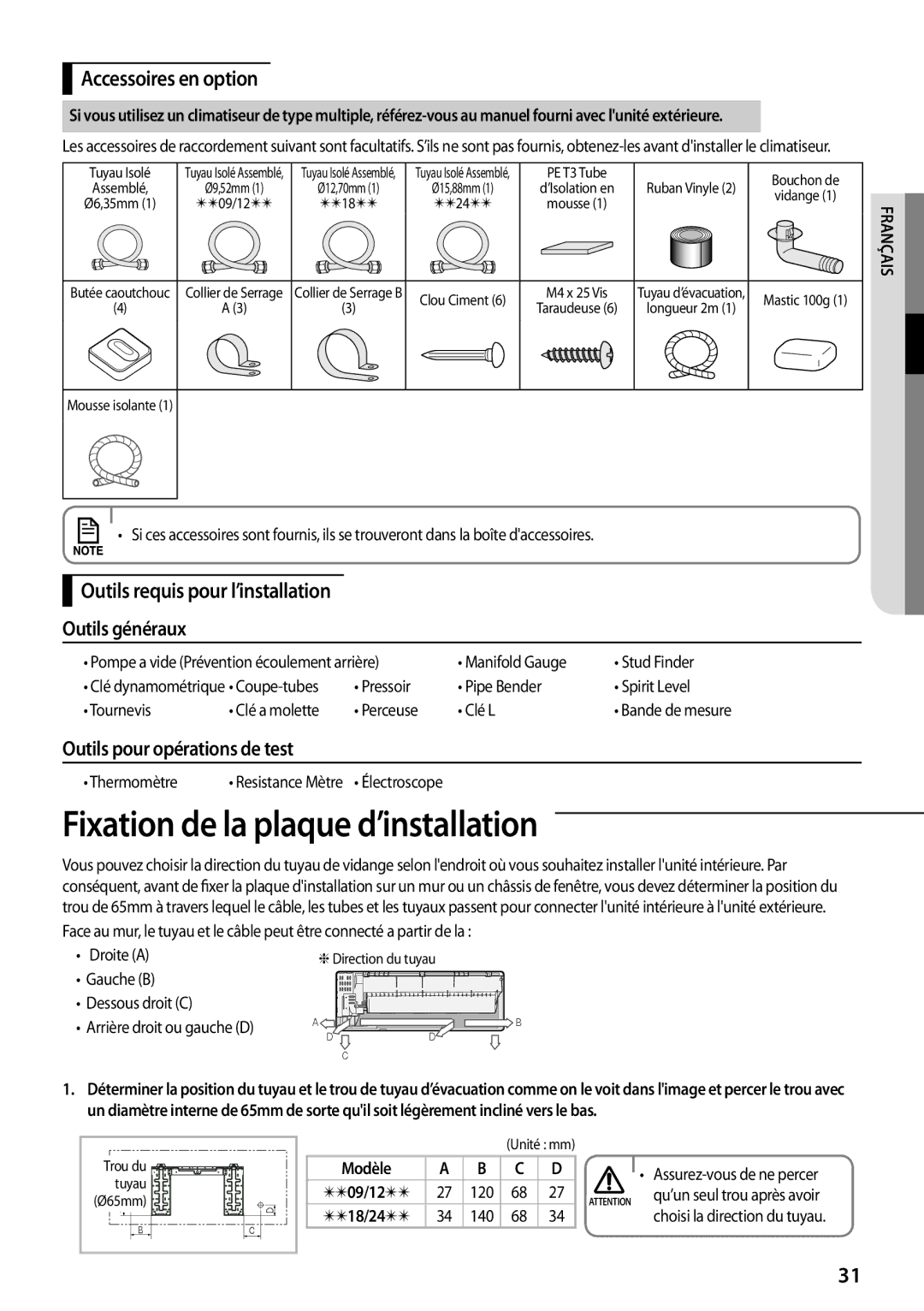 Samsung AR12FSFPKGMNET manual Fixation de la plaque d’installation, Accessoires en option, Outils pour opérations de test 