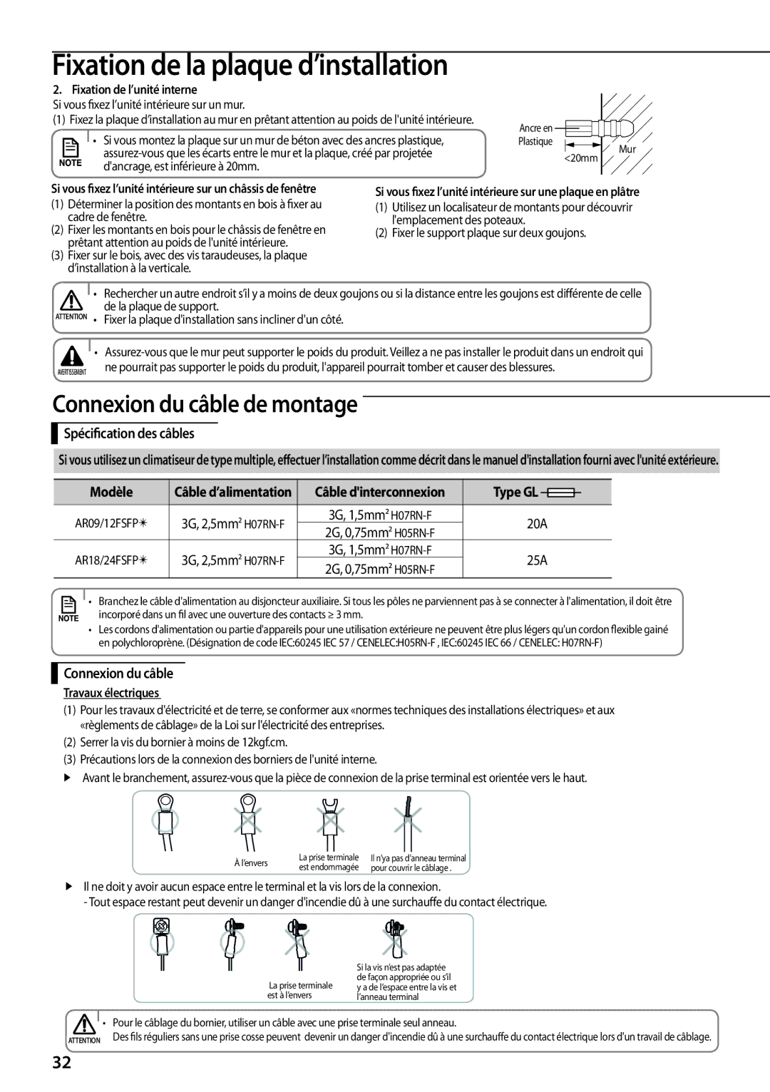 Samsung AR09FSFPKGMNET, AR12FSFPDGMNET, AR12FSFPKGMNET manual Spécification des câbles, Modèle, 20A, 25A, Connexion du câble 