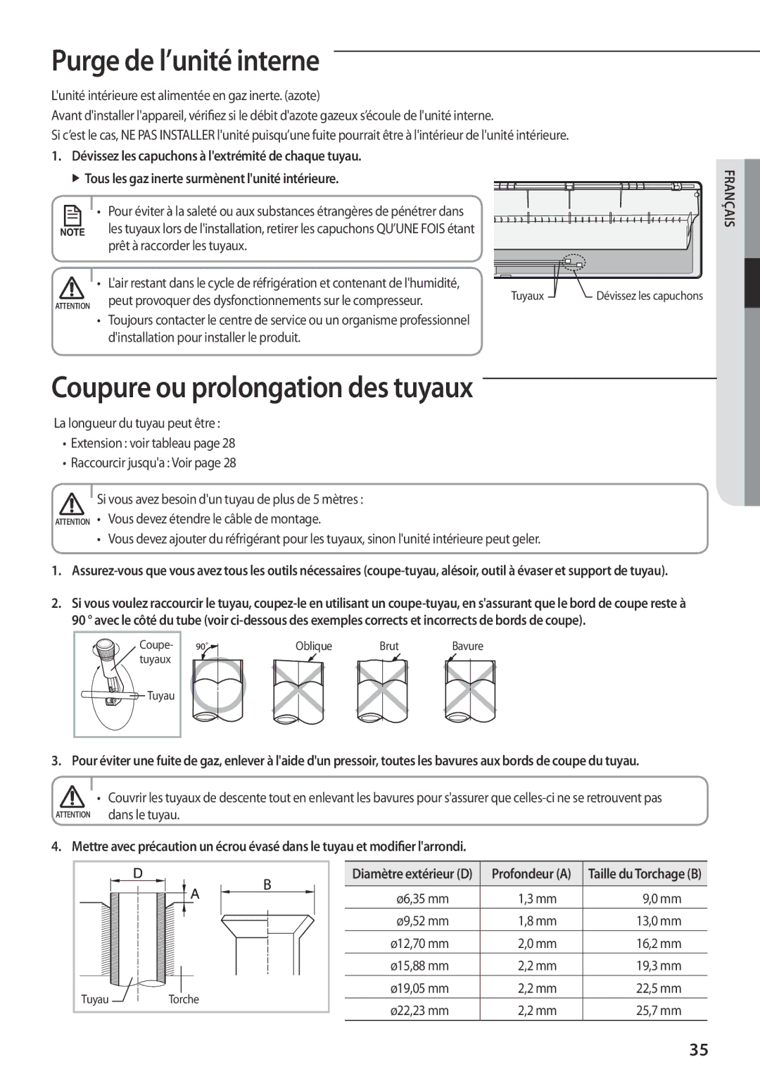 Samsung AR12FSFPDGMNET, AR12FSFPKGMNET, AR09FSFPKGMNET manual Purge de l’unité interne, Coupure ou prolongation des tuyaux 