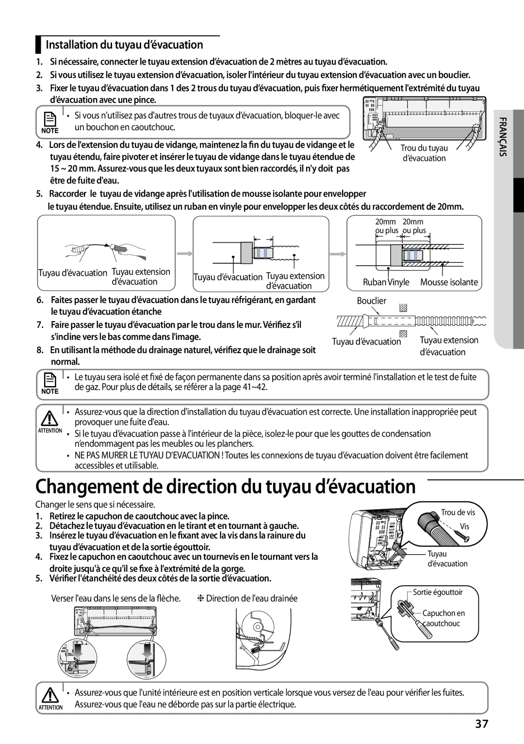 Samsung AR09FSFPKGMNET, AR12FSFPDGMNET Changement de direction du tuyau d’évacuation, Changer le sens que si nécessaire 