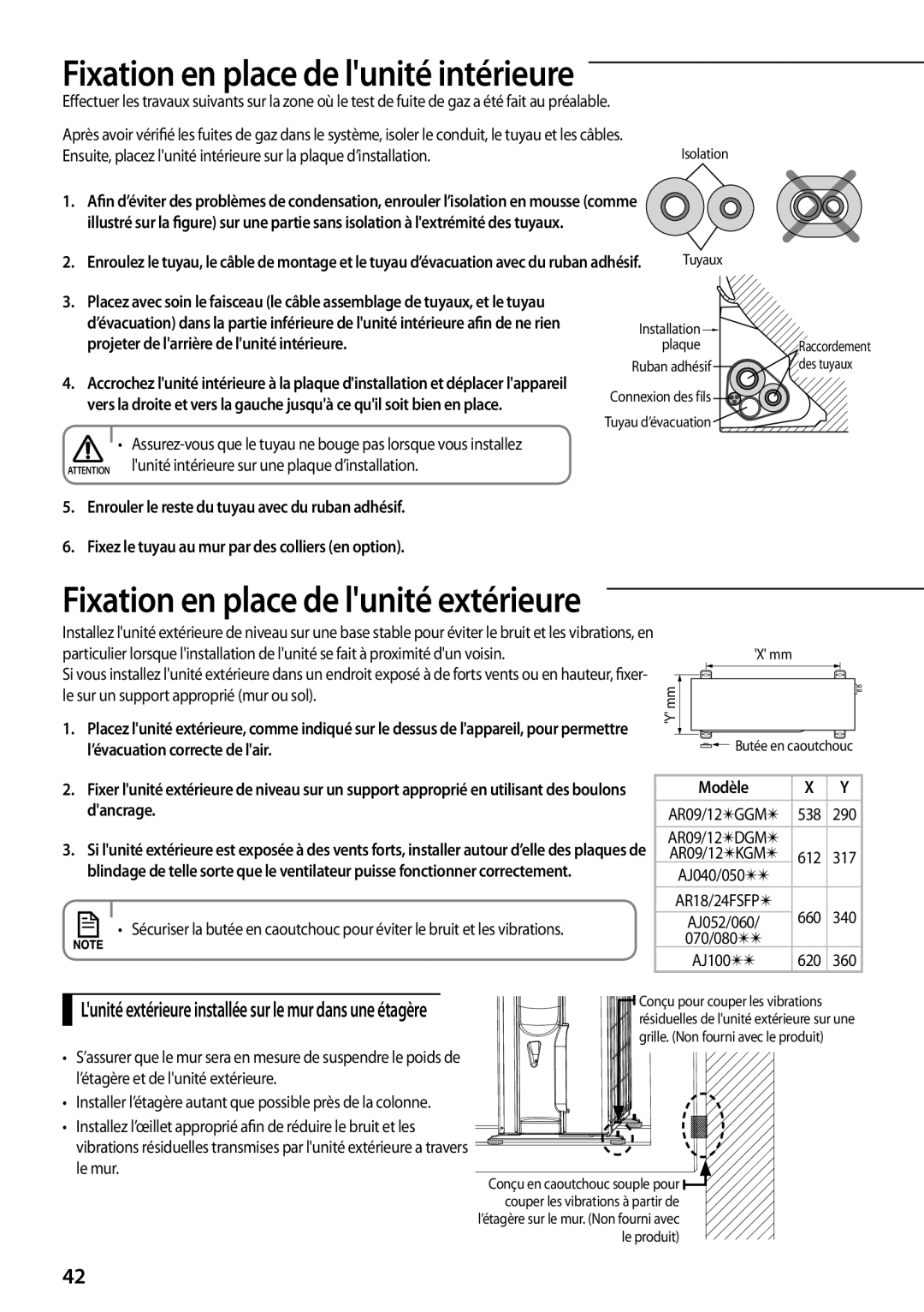 Samsung AR09FSFPKGMNET, AR12FSFPDGMNET manual Fixation en place de lunité intérieure, Fixation en place de lunité extérieure 