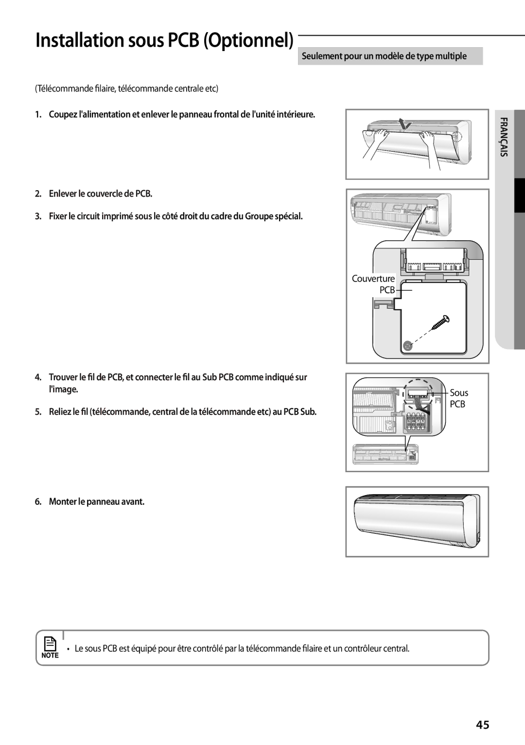 Samsung AR12FSFPDGMNET Installation sous PCB Optionnel, Seulement pour un modèle de type multiple, Monter le panneau avant 