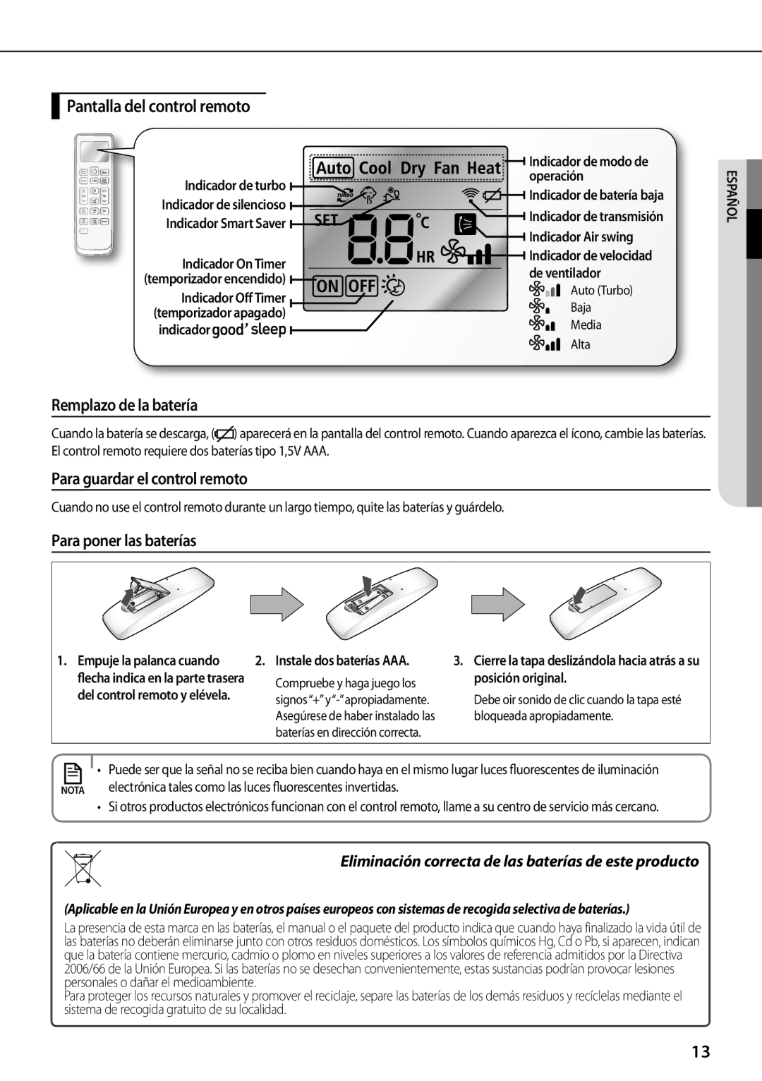 Samsung AR09FSFPDGMNET, AR12FSFPDGMNET Pantalla del control remoto, Remplazo de la batería, Para guardar el control remoto 