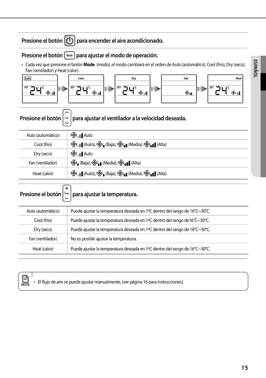 Samsung AR12FSFPDGMNET, AR12FSFPKGMNET manual Para ajustar el ventilador a la velocidad deseada, Para ajustar la temperatura 