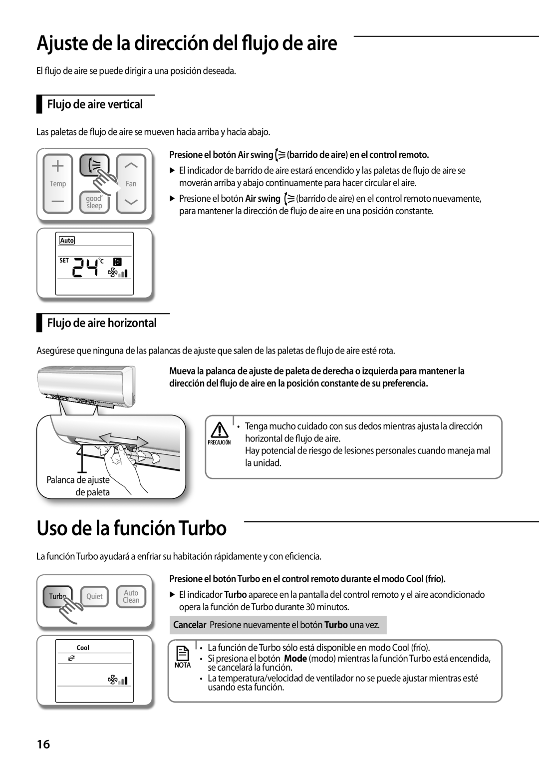 Samsung AR12FSFPKGMNET manual Ajuste de la dirección del flujo de aire, Uso de la función Turbo, Flujo de aire vertical 