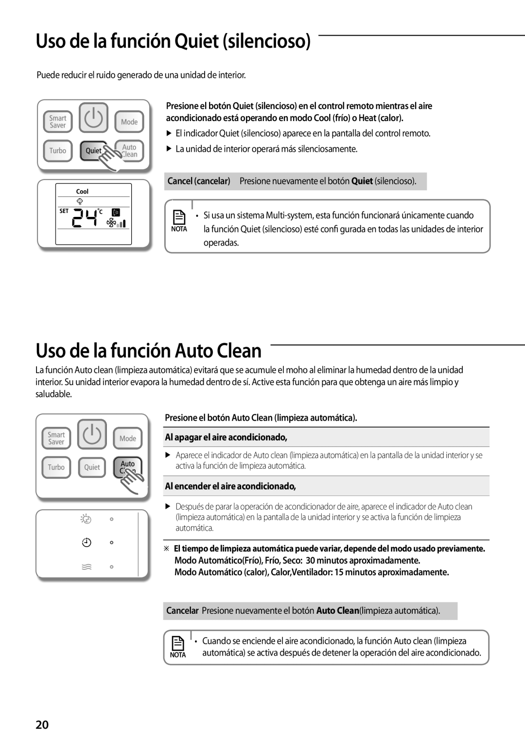 Samsung AR12FSFPDGMNET Uso de la función Quiet silencioso, Uso de la función Auto Clean, Al encender el aire acondicionado 