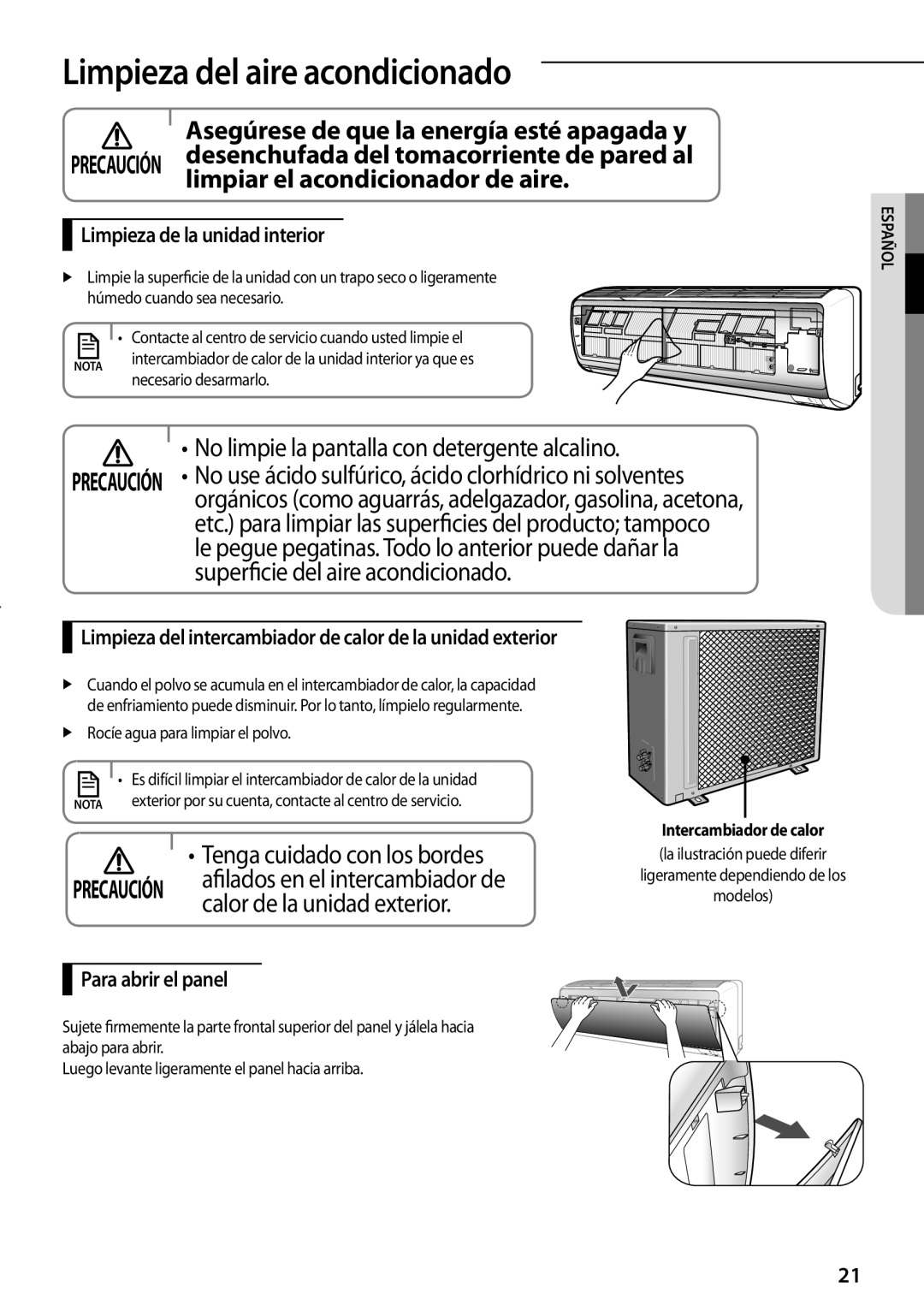 Samsung AR12FSFPKGMNET Limpieza del aire acondicionado, Limpiar el acondicionador de aire, Calor de la unidad exterior 