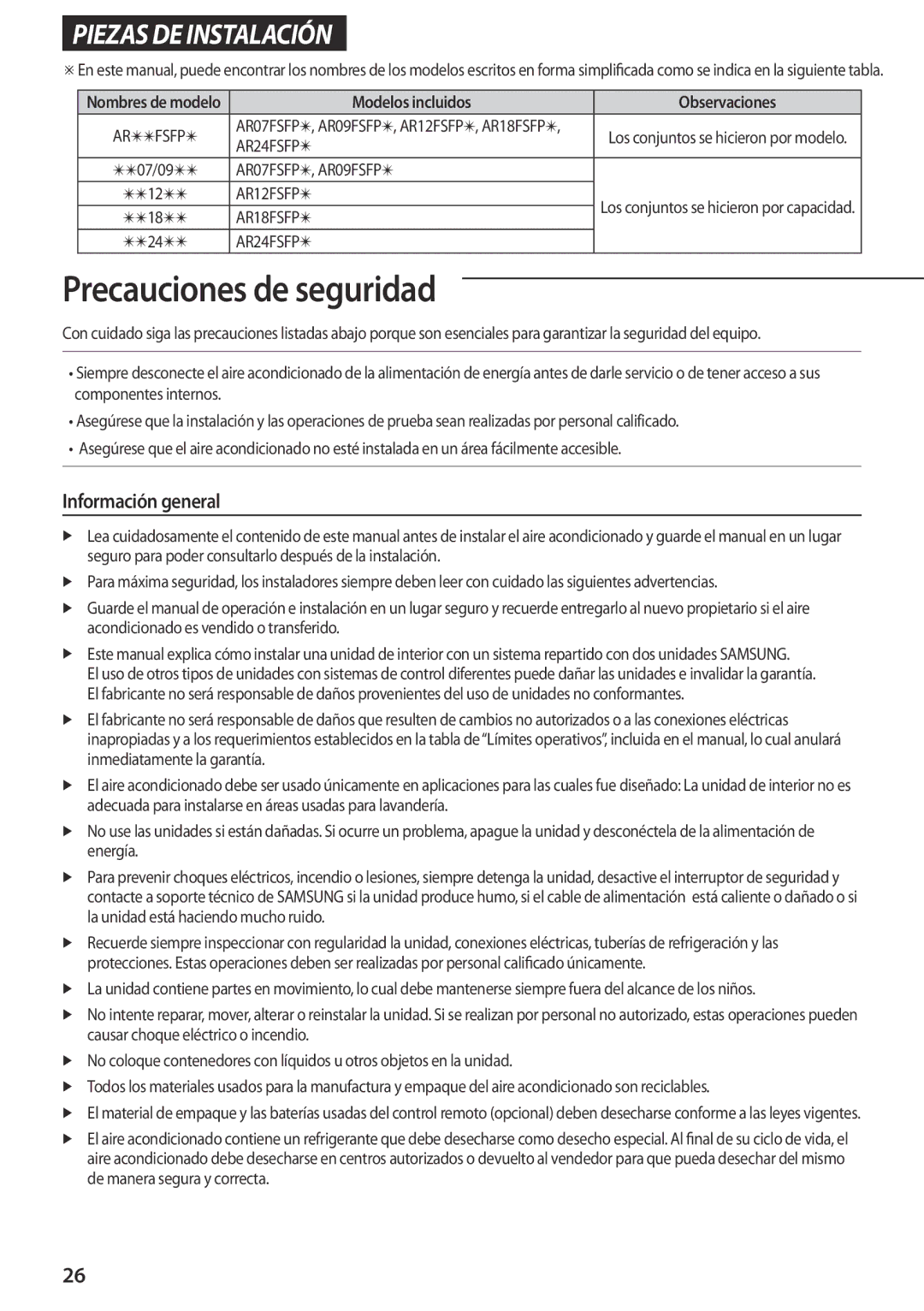 Samsung AR12FSFPKGMNET, AR12FSFPDGMNET, AR09FSFPKGMNET, AR09FSFPDGMNET Información general, Modelos incluidos Observaciones 