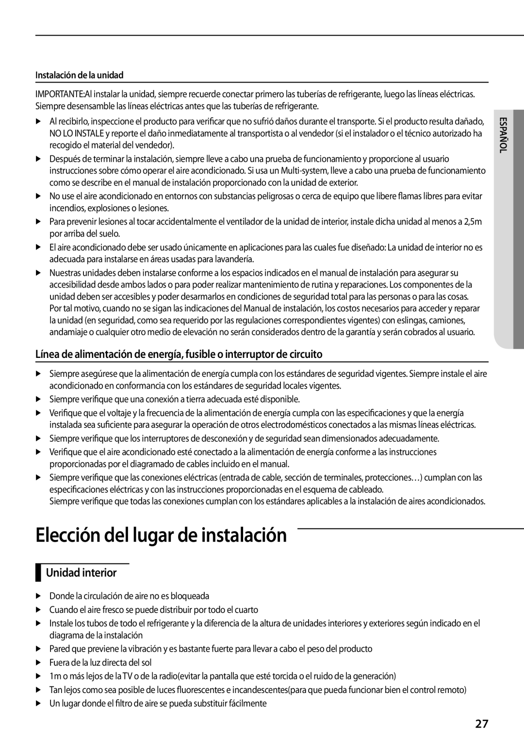 Samsung AR09FSFPKGMNET, AR12FSFPDGMNET manual Elección del lugar de instalación, Unidad interior, Instalación de la unidad 