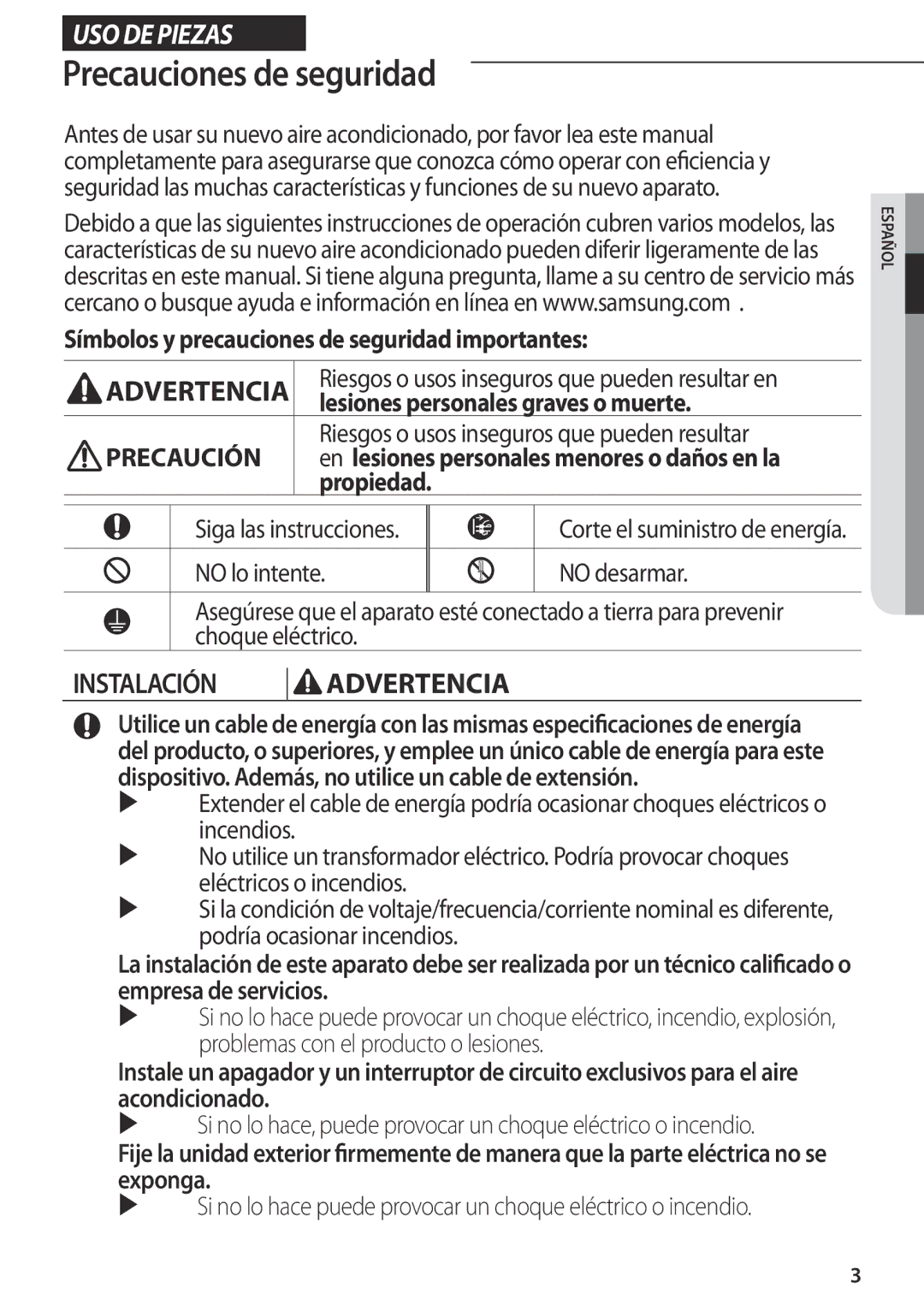 Samsung AR09FSFPDGMNET manual Precauciones de seguridad, Símbolos y precauciones de seguridad importantes, Propiedad 